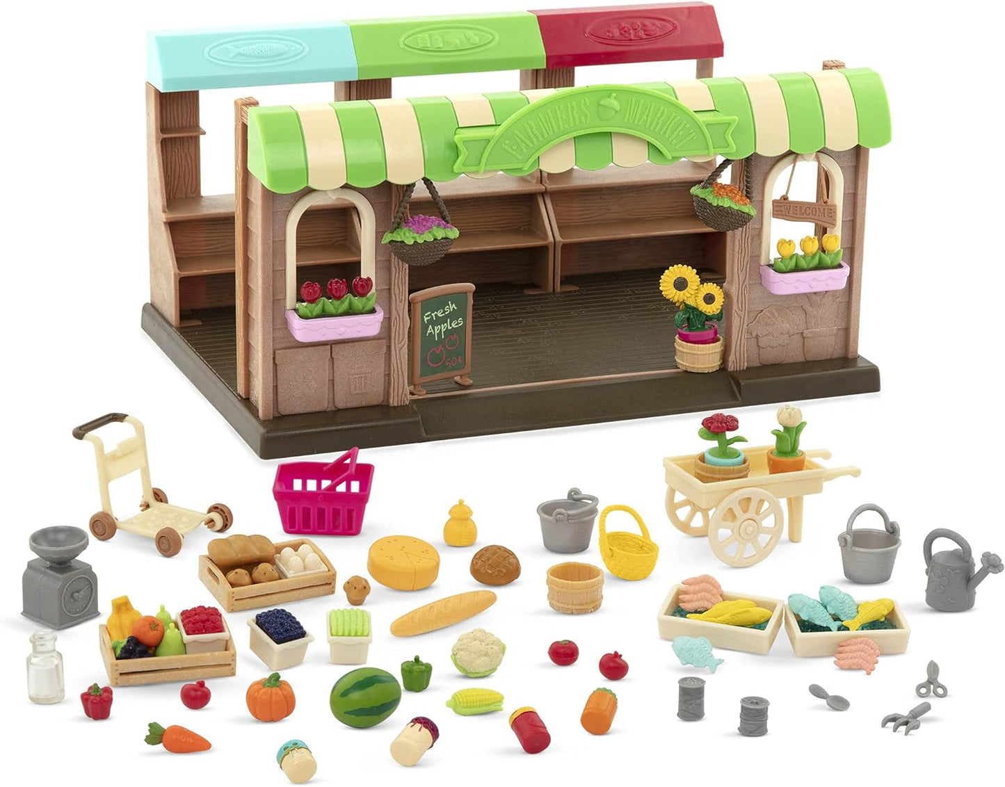 Li'l Woodzeez Market Playset – Hoppin’ Farmer’s Market – Conjunto de brinquedos de 67 peças – Brinquedos de família para crianças a partir de 3 anos