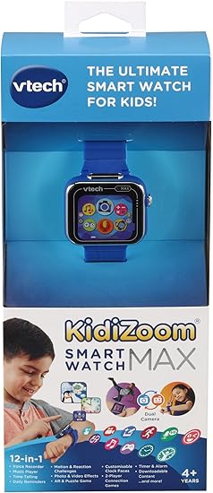 VTech KidiZoom Smart Watch Max, relógio para crianças com jogos, câmera dupla para fotos e selfies, 8 jogos, pedômetro, tela colorida, efeitos engraçados e muito mais, para bebês de 4, 5, 6, 7 anos ou mais, azul