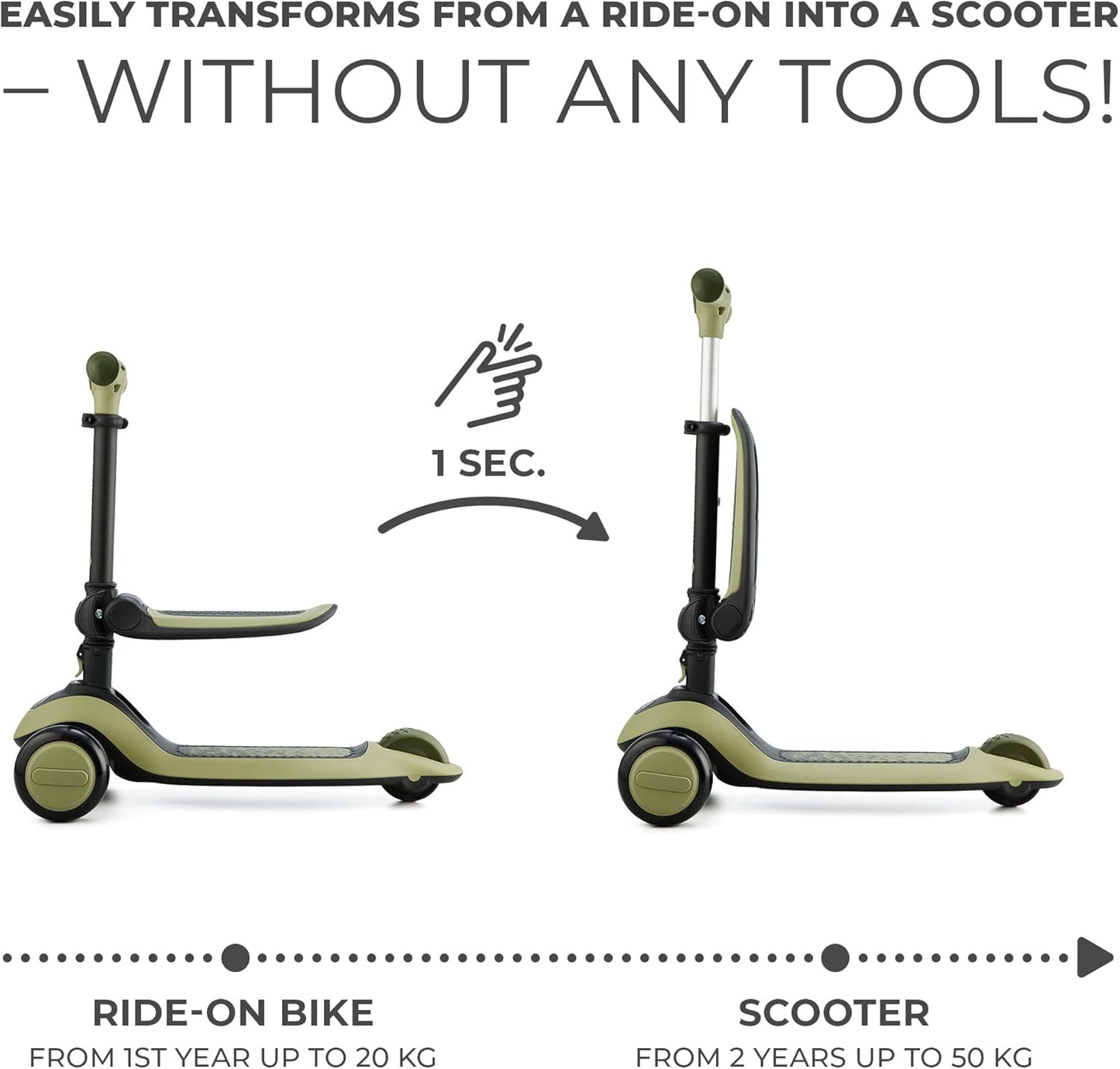 Kinderkraft Scooter Halley 2 em 1 para crianças de 1+ anos até 50 kg, scooter de 3 rodas, bicicleta de equilíbrio, fácil de dobrar, 2 rodas dianteiras piscantes, guidão ajustável, fácil de manusear, pesa apenas 3 kg, verde