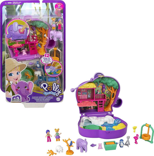 Polly Pocket Elephant Adventure Compact, tema animal com bonecas Micro Polly e Bella, 5 revelações e 12 acessórios relacionados, recurso pop e swap, ótimo presente para maiores de 4 anos, GTN22