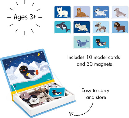 Janod - Magnéti'Book Arctic Animals - Juego educativo de 30 imanes con 10 cartas modelo - Juguete infantil de cartón FSC - Desarrolla la motricidad fina y la imaginación - A partir de 3 años