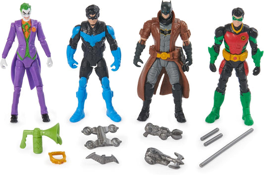 DC Comics, Batman, Team Up 4-Pack (exclusivo da Amazon), Batman, The Joker, Robin, bonecos de ação de 4 polegadas do Asa Noturna, brinquedos infantis de super-heróis para meninos e meninas