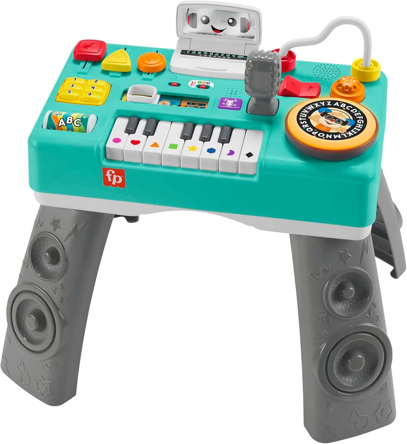 Mesa de atividades para bebês e crianças Fisher-Price, mesa de DJ para rir e aprender, misturar e aprender, brinquedo de aprendizagem musical com luzes e sons, versão em inglês do Reino Unido,