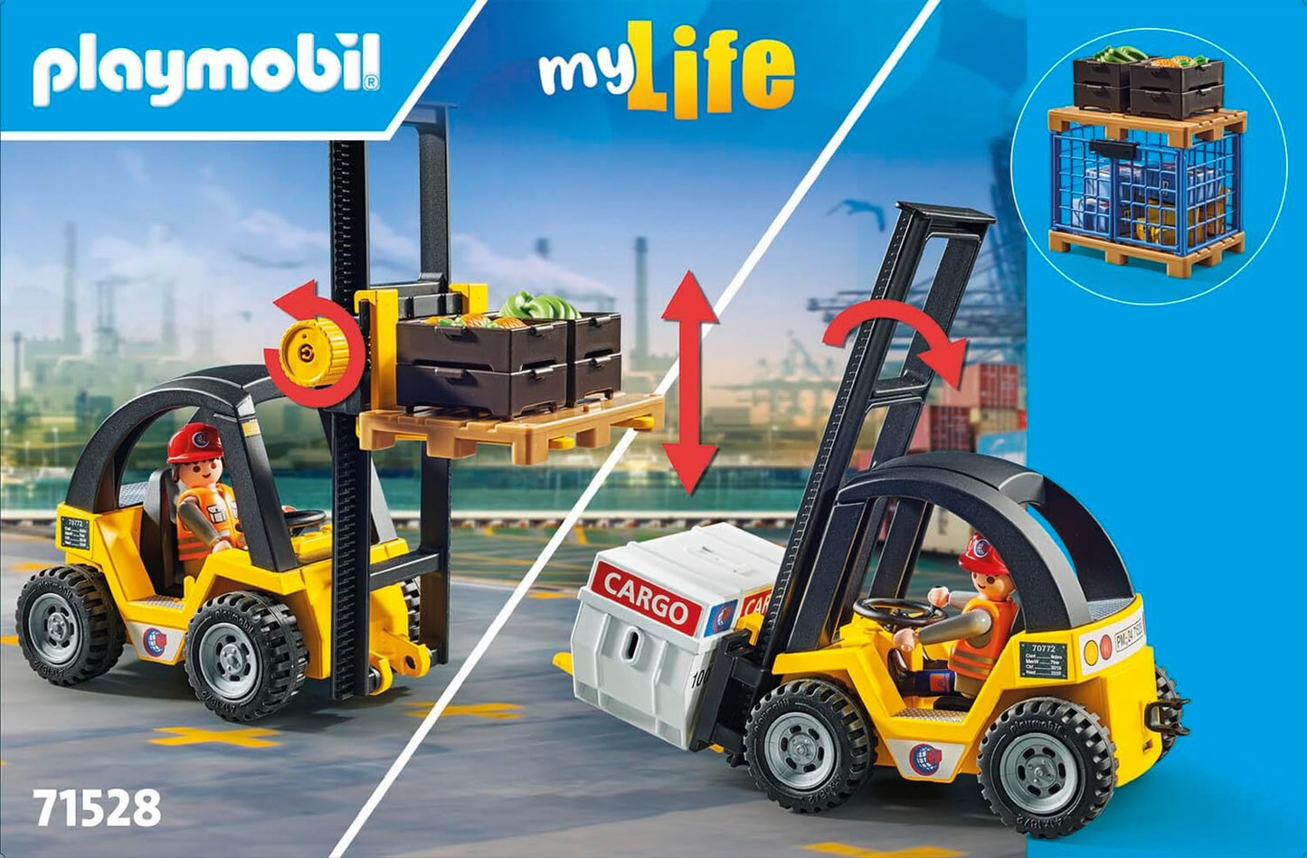 Playmobil Pacote promocional 71528 myLife: empilhadeira com carga, emocionante trabalho de logística no porto, incluindo paletes e vários itens de estoque, conjuntos de jogos detalhados adequados para crianças a partir de 4 anos