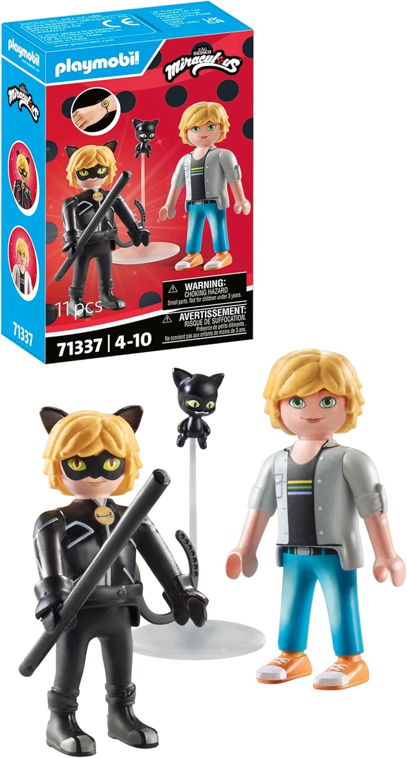 Playmobil 71337 Miraculous: Adrien & Cat Noir, incluindo Kwami Plagg e diversos acessórios, aventura com Ladybug, dramatização divertida e imaginativa, conjuntos de jogos detalhados adequados para crianças de 4 anos ou mais