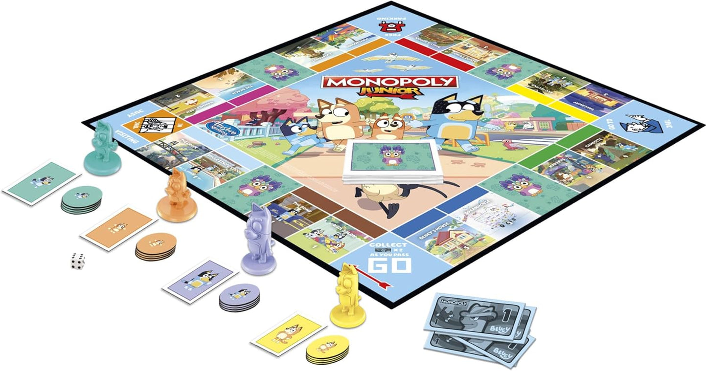 Monopoly Hasbro Gaming Monopoly Junior: Jogo de tabuleiro Bluey Edition para crianças de 5 anos ou mais, jogue como Bluey, Bingo, mamãe e papai, apresenta arte da série animada (exclusivo da Amazon)