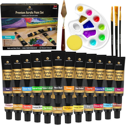 Desire Deluxe Conjunto de tinta acrílica, material escolar para artistas – Kit de artesanato de 30 peças para pedra, madeira, cerâmica, tela, papel e tecido – Inclui faca de mistura, esponja, paleta e pincéis premium de 3 tamanhos