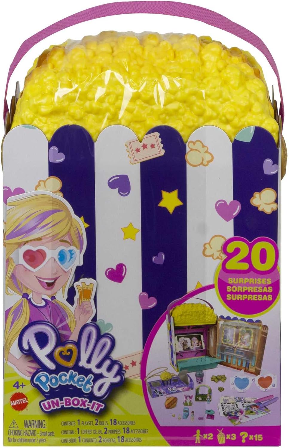 Polly Pocket Conjunto de caixa de pipoca Un-Box-It, tema de cinema, 2 bonecas, mais de 15 surpresas