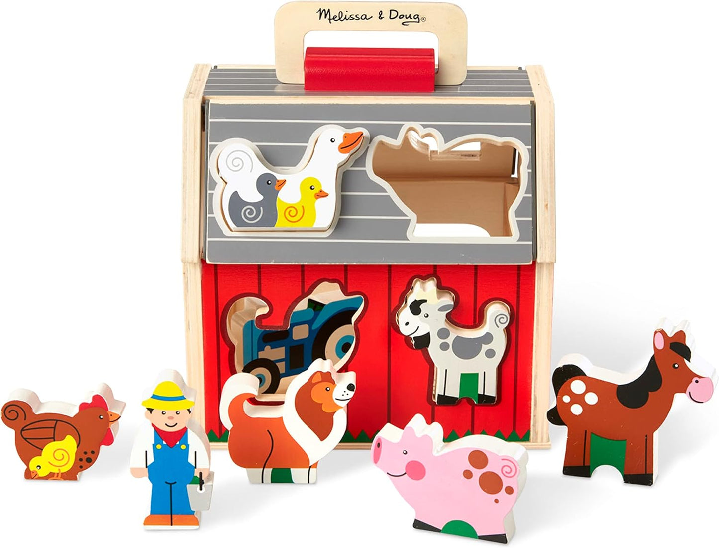 Melissa & Doug Brinquedo de celeiro de classificação de madeira para levar com telhado rebatível e alça 10 peças de madeira para brincar na fazenda - Brinquedos de fazenda, classificação de formas e aprendizado de empilhamento