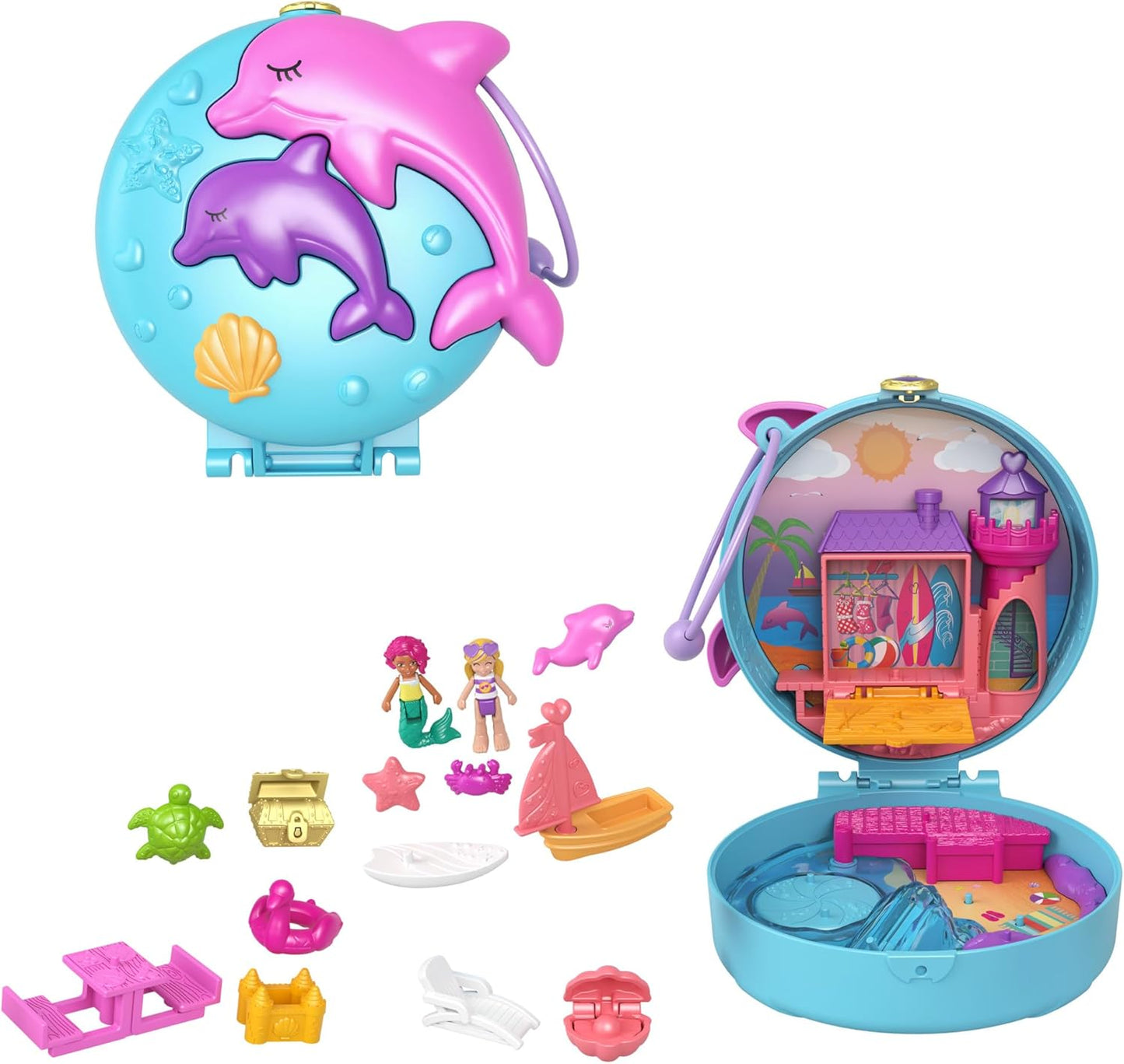 Polly Pocket Dolphin Beach Compact, tema de aventura na praia com boneca Micro Polly e sereia, 5 revelações e 12 acessórios, recurso pop e swap, ótimo presente para maiores de 4 anos, GTN20