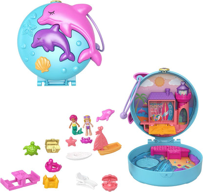 Polly Pocket Dolphin Beach Compact, tema de aventura na praia com boneca Micro Polly e sereia, 5 revelações e 12 acessórios, recurso pop e swap, ótimo presente para maiores de 4 anos, GTN20