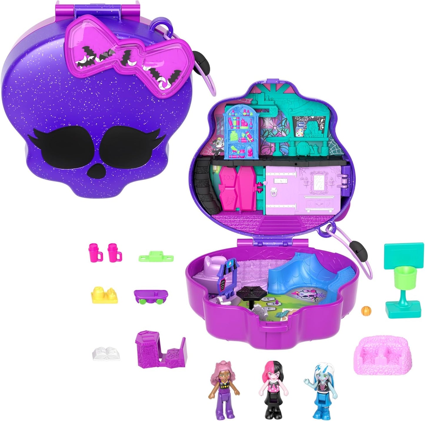 Polly Pocket Monster High Playset com 3 micro bonecas e 10 acessórios, aberto para o ensino médio, brinquedo de viagem colecionável com armazenamento, HVV58