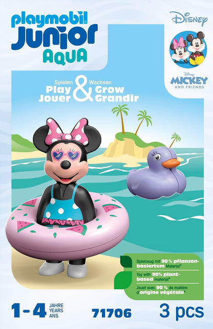 PLAYMOBIL 71706 JUNIOR e Disney: Viagem à praia da Minnie Mouse, incluindo anel de natação e pato, brinquedo sustentável feito de plástico vegetal