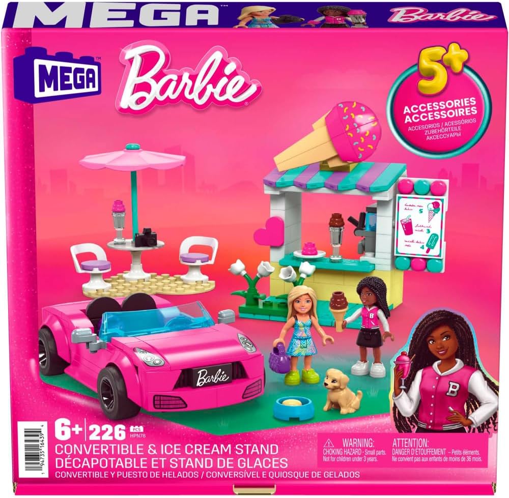 MEGA Barbie Car Building Toys Playset, Conversível e Suporte para Sorvete com 225 Peças, 2 Micro-Bonecas e Acessórios, Rosa, Ideias para Presentes para Crianças, HPN78