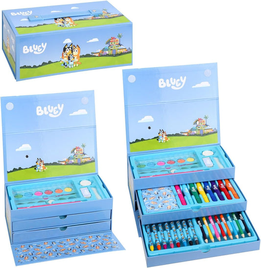 Bluey Conjunto de artigos de papelaria para colorir para crianças com 52 peças, canetas hidrográficas, giz de cera e lápis, conjunto de viagem para crianças