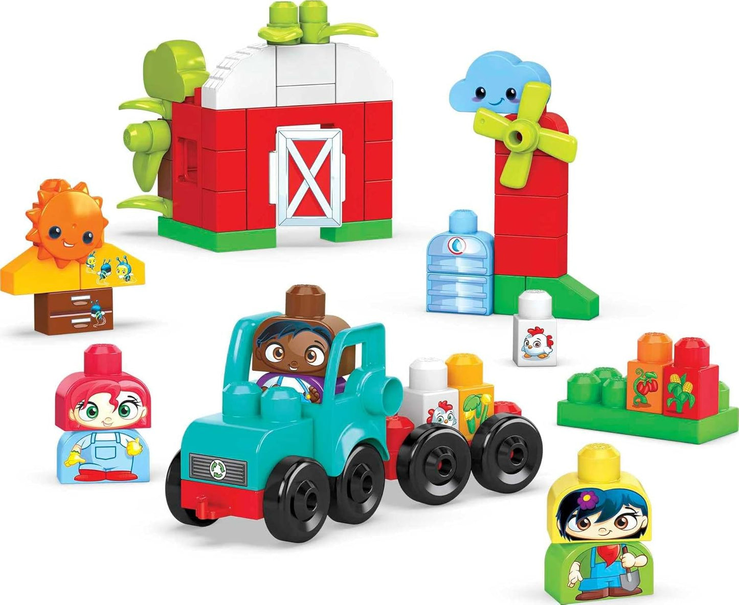 MEGA Blocos de construção para crianças BLOKS Fisher-Price, Green Town Grow & Protect Farm com 51 peças, 3 figuras, crianças de 1 ano ou mais, HDL07