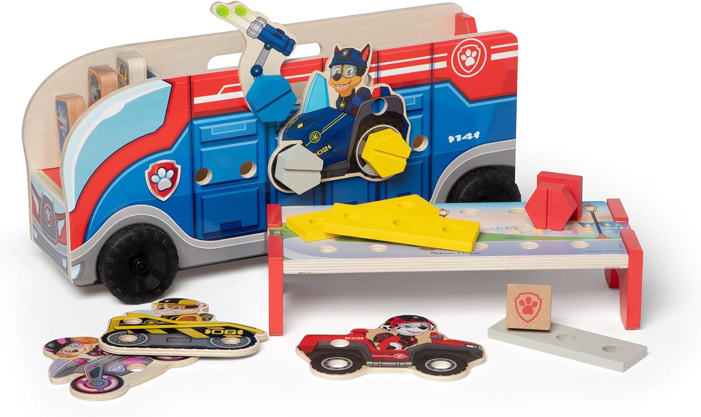 Melissa & Doug Caminhão de brinquedo PAW Patrol com blocos de construção de madeira com alfabeto e número, brinquedos infantis para meninas e meninos de 3 anos ou mais, brinquedos PAW Patrol para meninos, presente de veículos infantis para menino ou