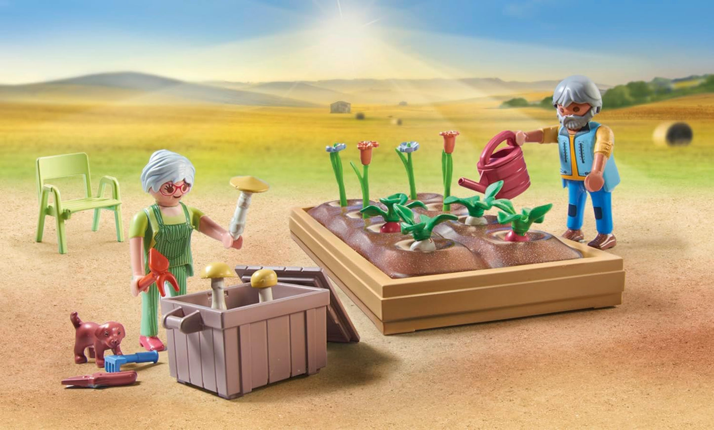 Playmobil  71443 País: Horta com os avós, incluindo canteiro de flores, regador e ferramentas de jardim, encenação divertida e imaginativa, conjuntos de jogos sustentáveis adequados para crianças com mais de 4 anos