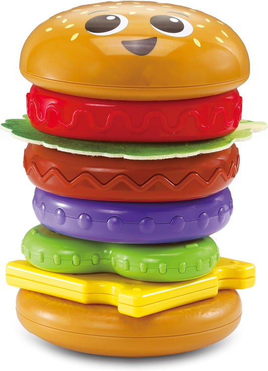 VTech Construye una hamburguesa, apila y clasifica juguete para bebés con 6 piezas de comida, clasifica formas, apila, combina, gira y juega con colores, regalo para bebés de 18, 24 meses en adelante, versión en inglés