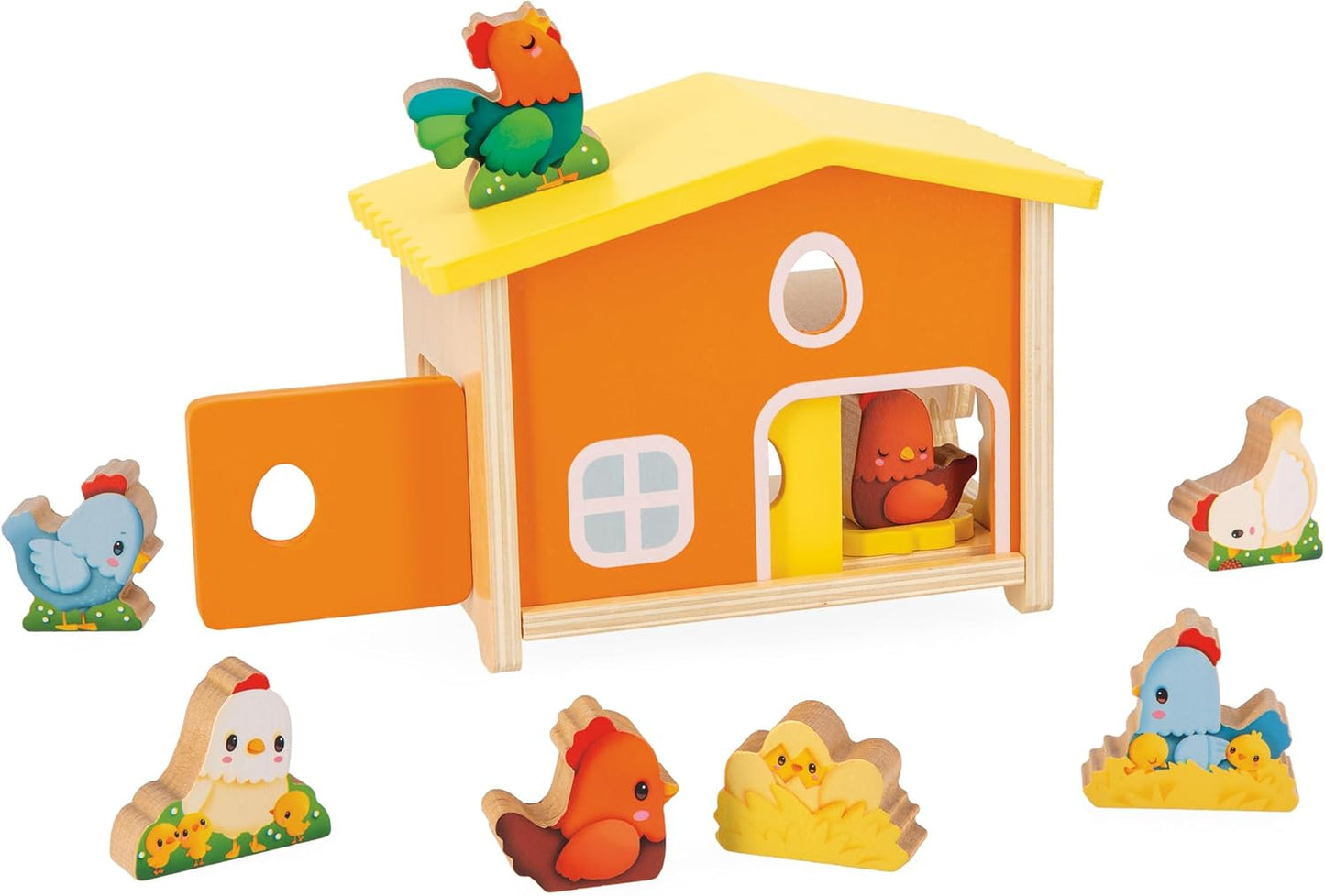 Janod First Children’s Pretend Play Toy-1 Galinheiro + 9 Galinhas + 1 Escada-Jogo de Madeira FSC-Desenvolve Destreza e Imaginação-18 Meses +, J03311, Multicolor