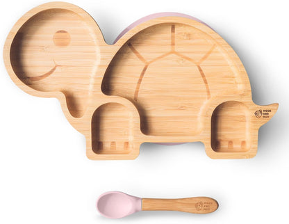 Moon and Moo Conjunto de placa de sucção e colher de bambu tartaruga para crianças, bebês e desmame de bebês - Não tóxico - Sem plástico - Fique no lugar - Placa de sucção de bebê - Conjunto de desmame de bebê (cinza)