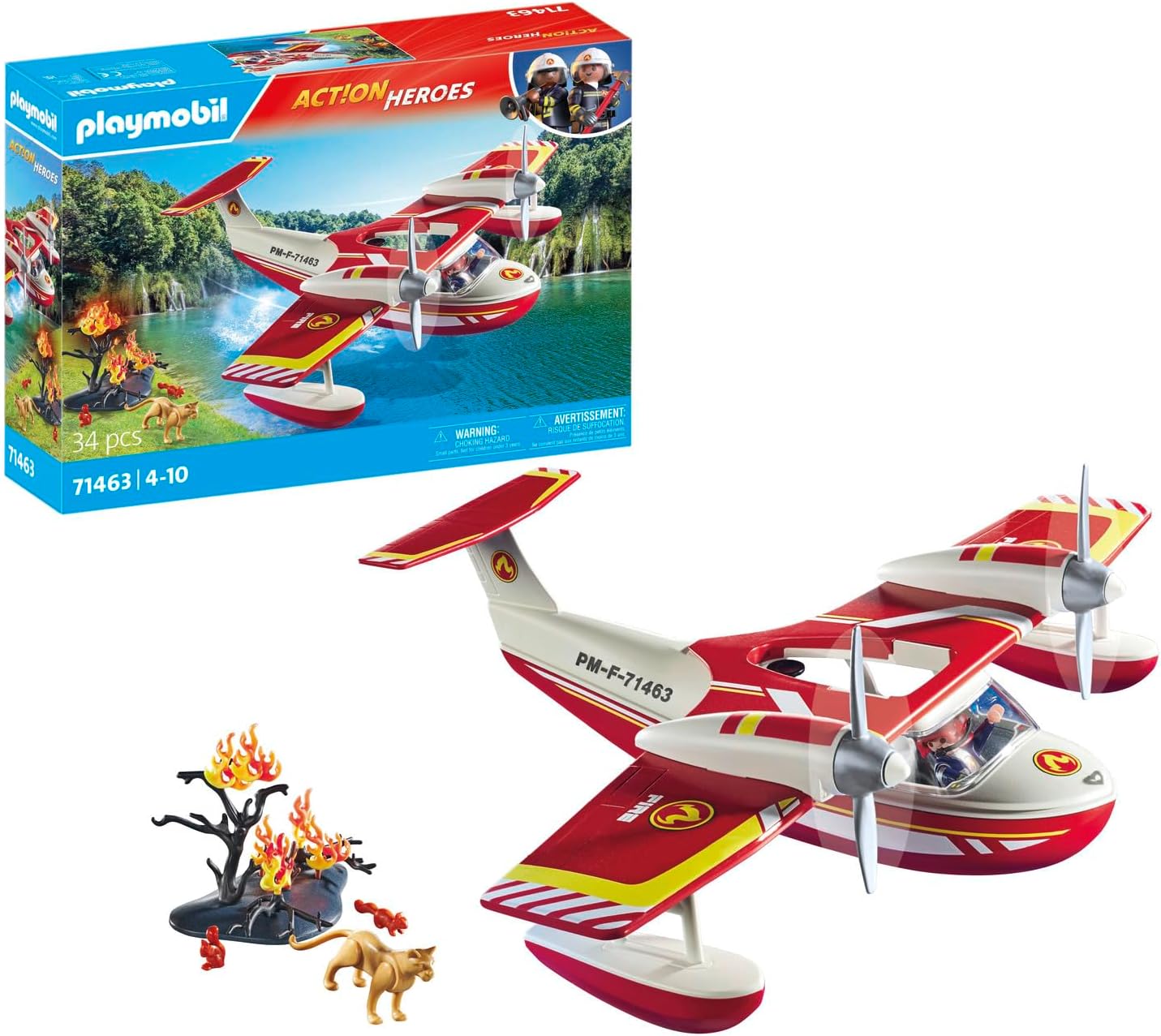 Playmobil 71463 Action Heroes: hidroavião de combate a incêndios com função de extinção, missões de resgate heróicas, com um bombeiro, encenação imaginativa, conjuntos de jogos detalhados adequados para crianças de 4 anos ou mais