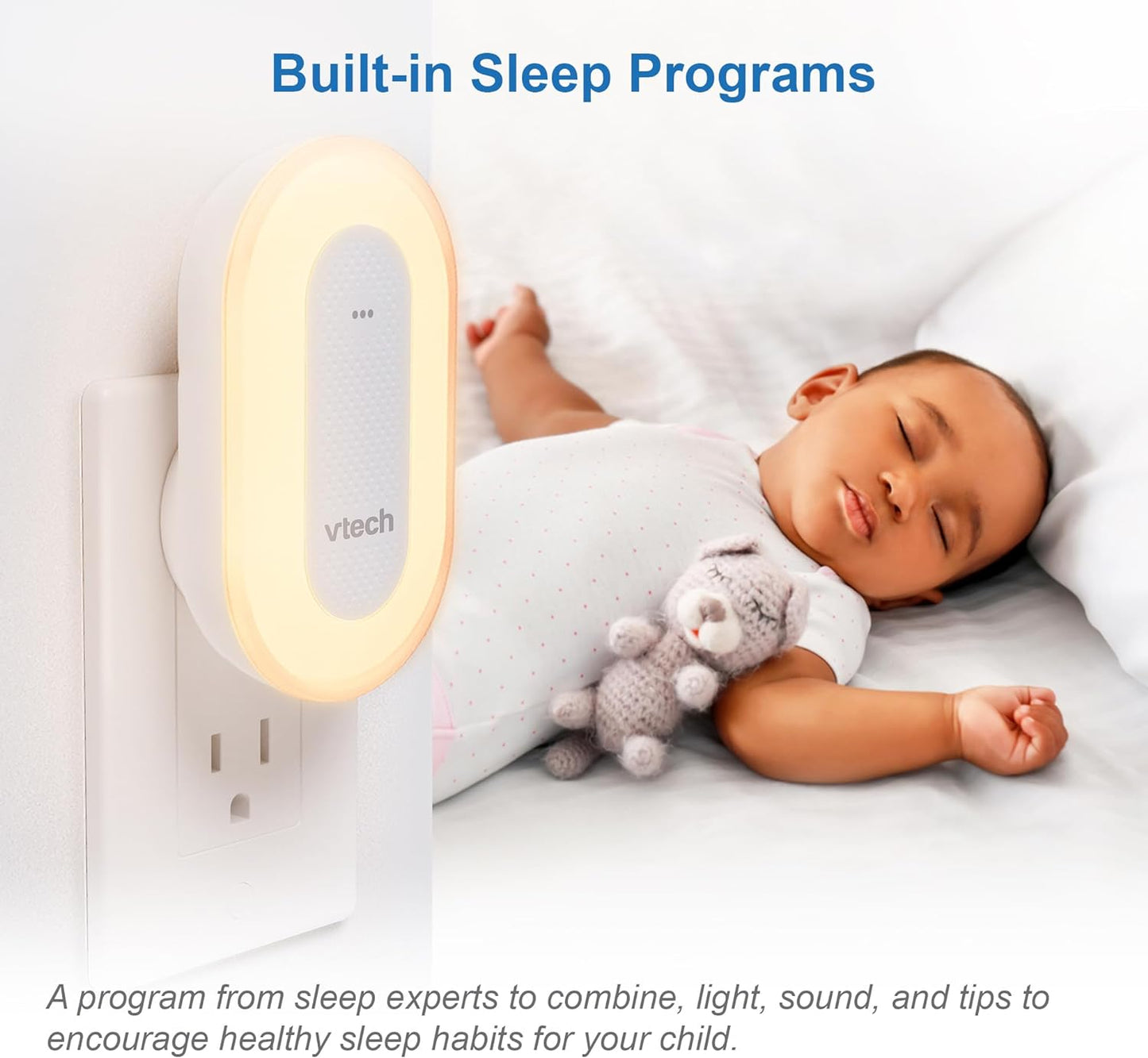 Chupete VTech Sleep Training BC8113 V-Hush Plug con 40 historias/canciones/sonidos y graba tu propia voz. Altavoz Bluetooth, más de 250 luces nocturnas multicolores, sin baterías y sin necesidad de cables