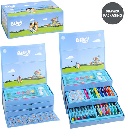 Bluey Conjunto de artigos de papelaria para colorir para crianças com 52 peças, canetas hidrográficas, giz de cera e lápis, conjunto de viagem para crianças