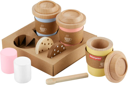 Fisher-Price Juego de café de viaje de madera para juguete preescolar, 15 piezas de tazas de café y golosinas de madera para niños a partir de 3 años,