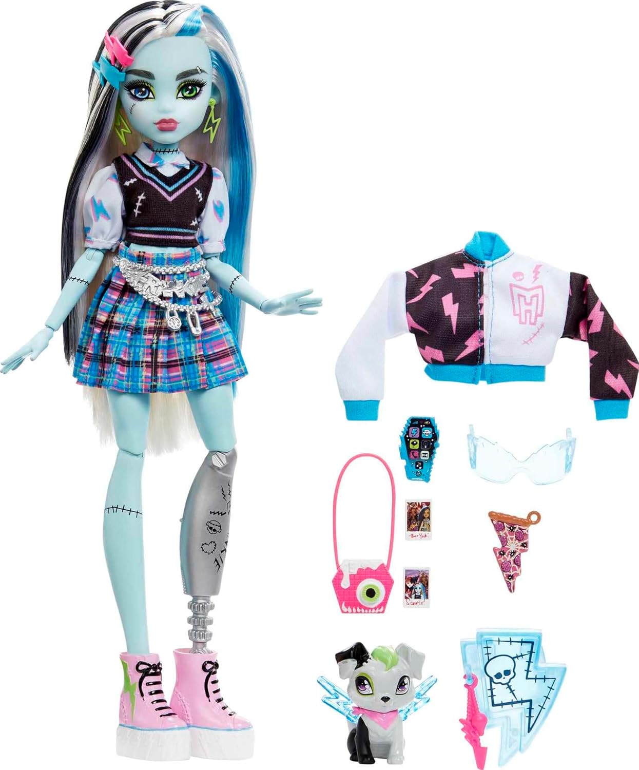 Monster High Boneca Frankie Stein, boneca Frankenstein moderna com cabelo preto e branco, brinquedo para cachorro Watzie e acessórios para bonecas, brinquedos para maiores de 4 anos, uma boneca, HHK53