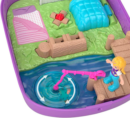 Polly Pocket Pocket World Owlnite Campsite compacto com revelações divertidas, bonecas Micro Polly e Shani, barco e folha de adesivos; Para maiores de 4 anos, GKJ47