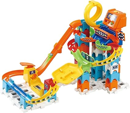 VTech Marble Rush Juego de construcción y caja de almacenamiento, juego de construcción para niños, 5 canicas y 62 piezas de construcción, pista de canicas con lanzador, juguete de construcción, juego de pistas para mayores de 4, 5 y 6 años