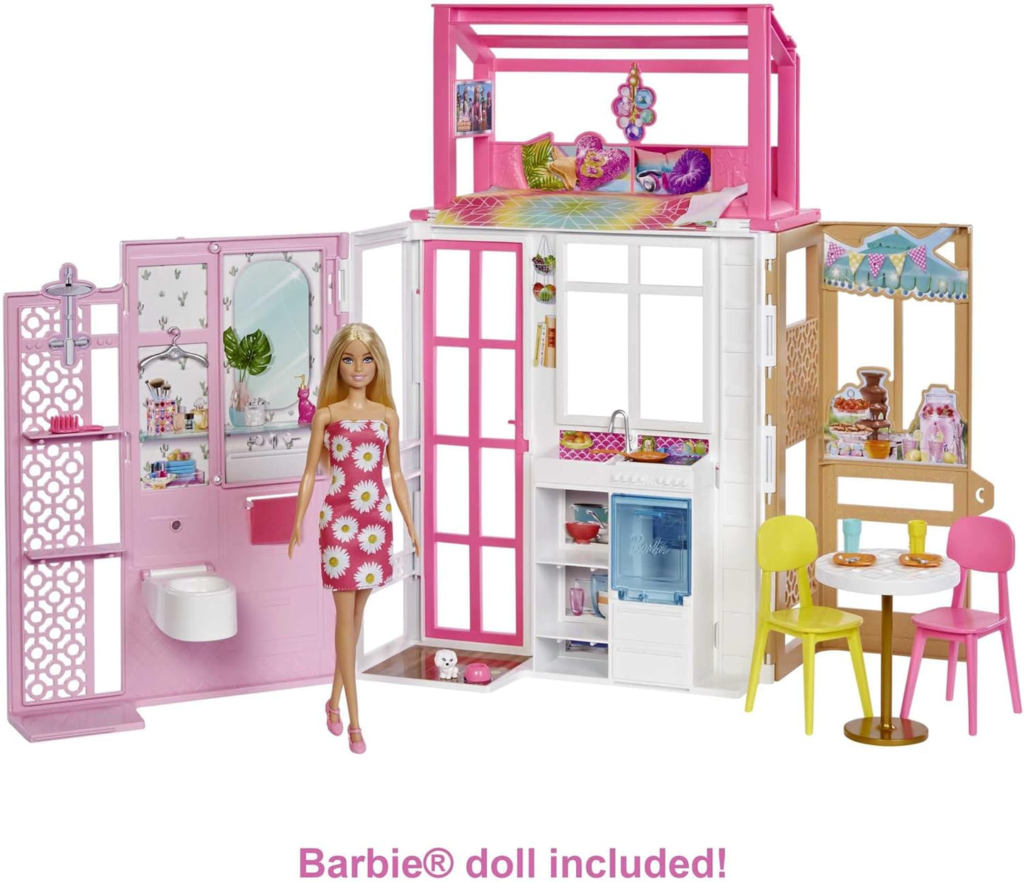 Juego de casa de muñecas Barbie con muñeca Barbie y casa con 2 niveles y 4 áreas de juego, completamente amueblada, con cachorro y accesorios, regalo para niños a partir de 3 años, HHY40