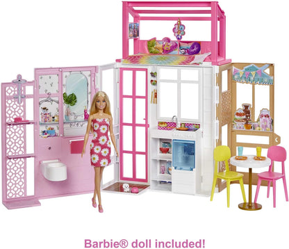 Juego de casa de muñecas Barbie con muñeca Barbie y casa con 2 niveles y 4 áreas de juego, completamente amueblada, con cachorro y accesorios, regalo para niños a partir de 3 años, HHY40