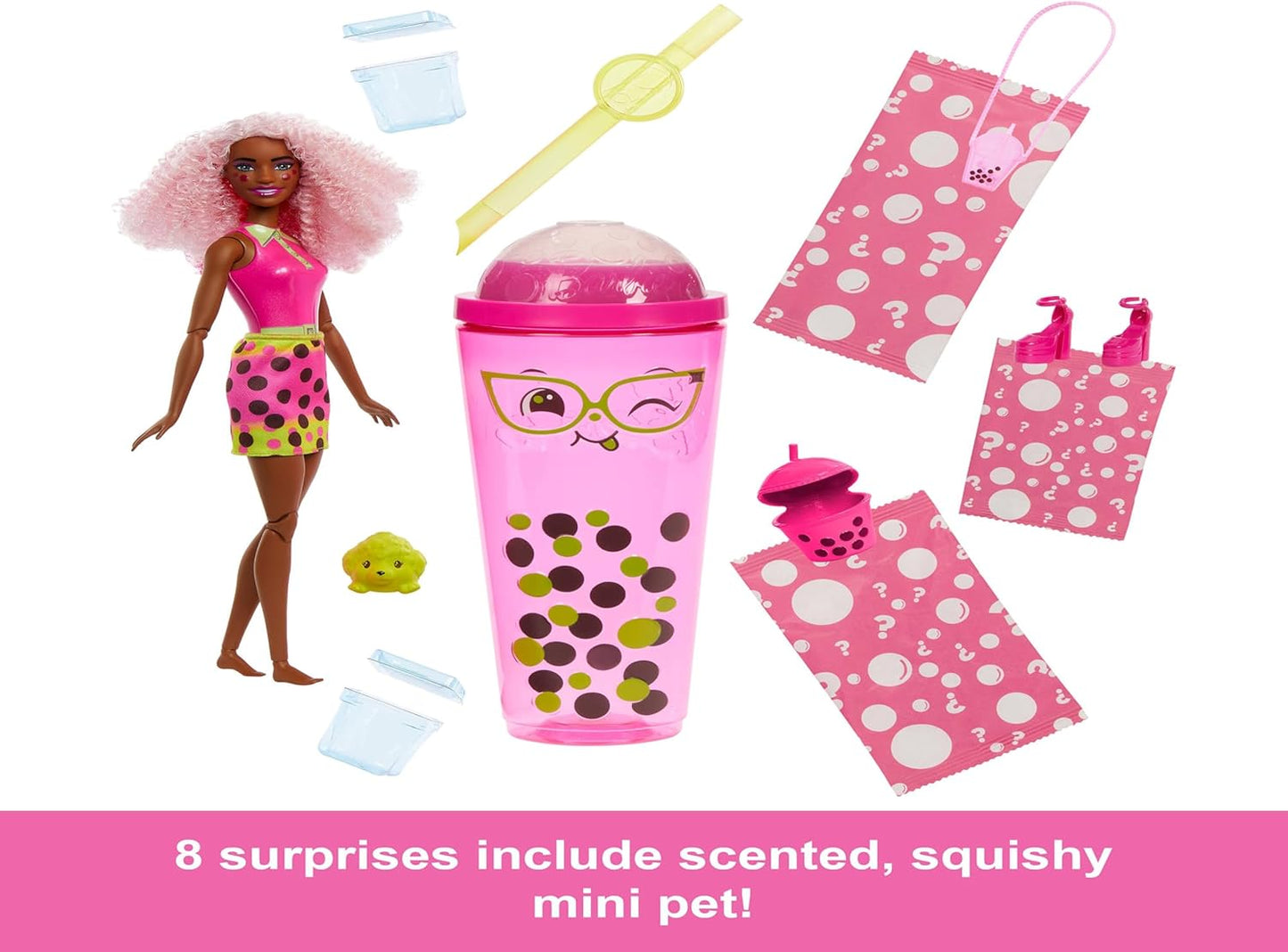 Barbie Boneca Pop Reveal Bubble Tea Series e acessórios com boneca fashion e animal de estimação, 8 surpresas incluem mudança de cor, copo com armazenamento (os estilos podem variar), HTJ20