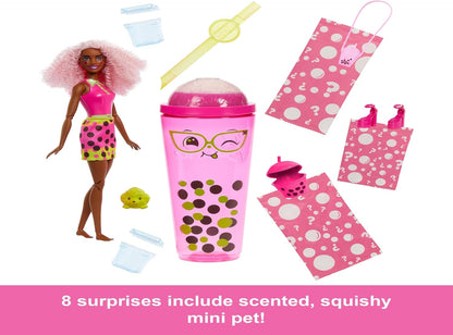 Barbie Boneca Pop Reveal Bubble Tea Series e acessórios com boneca fashion e animal de estimação, 8 surpresas incluem mudança de cor, copo com armazenamento (os estilos podem variar), HTJ20