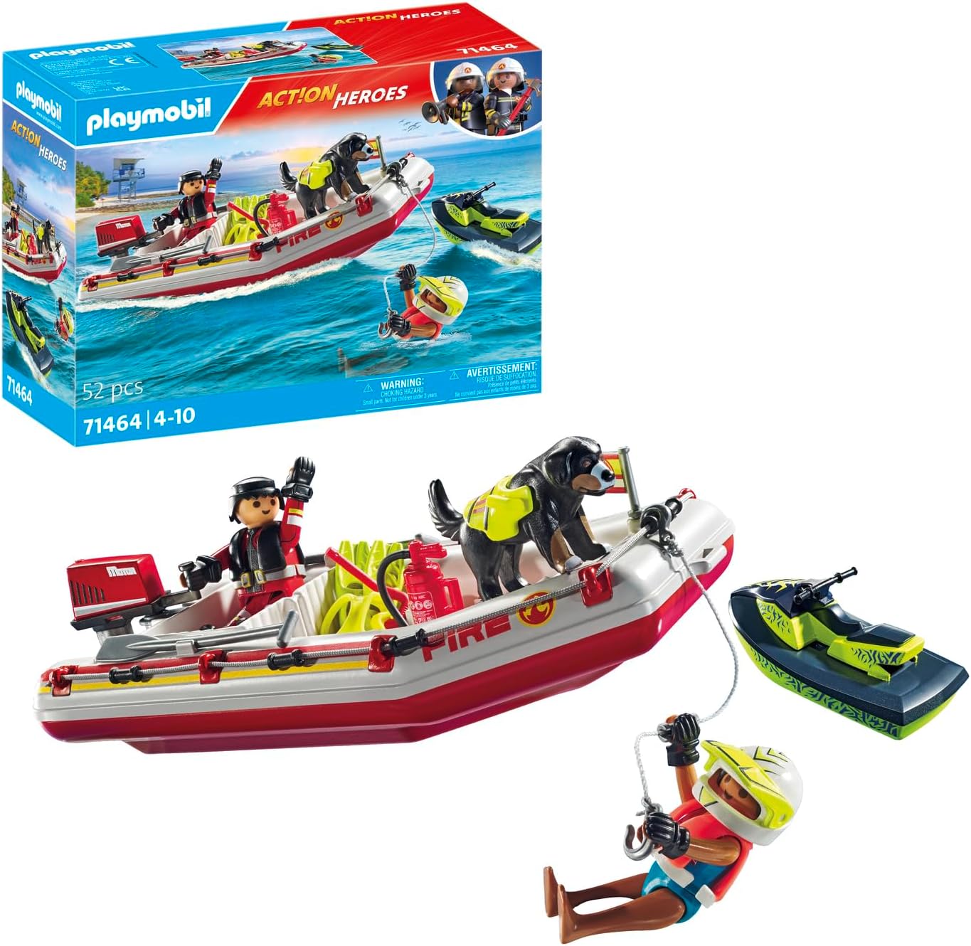 Playmobil 71464 Action Heroes: Fireboat com Aqua Scooter, emocionante resgate na água, incluindo óculos de mergulho e nadadeiras, dramatização divertida e imaginativa, conjuntos de jogos realistas adequados para crianças de 4 anos ou mais