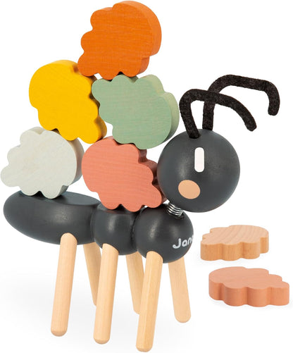 Janod - Sweet Cocoon Ant Balance Game - Brinquedo de aprendizagem precoce - Desenvolve habilidades motoras finas - 1 formiga + 20 folhas empilháveis - Brinquedo de madeira FSC - 24 meses +,