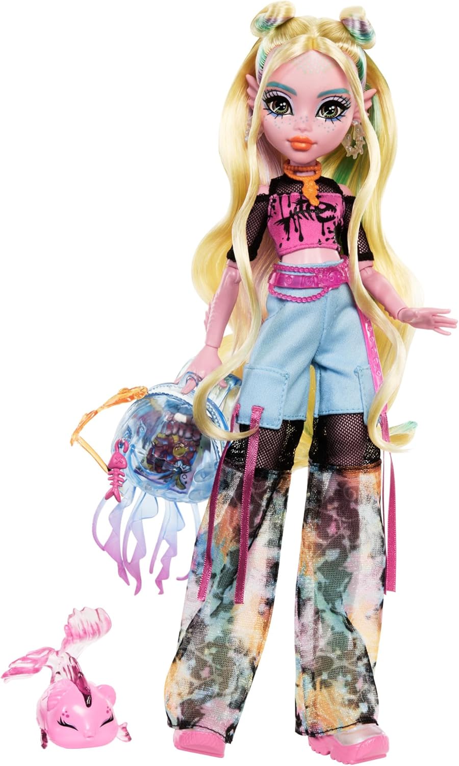 Monster High Boneca Lagoona Blue em camiseta de malha e calça cargo, inclui Pet Fish Neptuna e acessórios como mochila, lanche e caderno