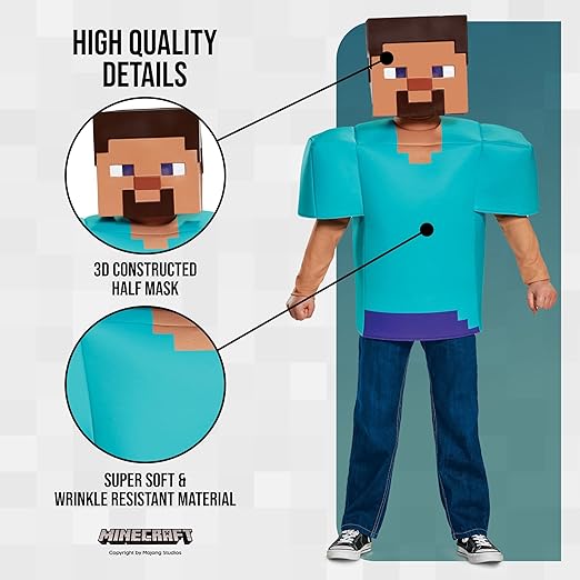 Disguise Fantasia de Steve Minecraft, fantasias de Halloween para meninos disponíveis nos tamanhos S, M e L