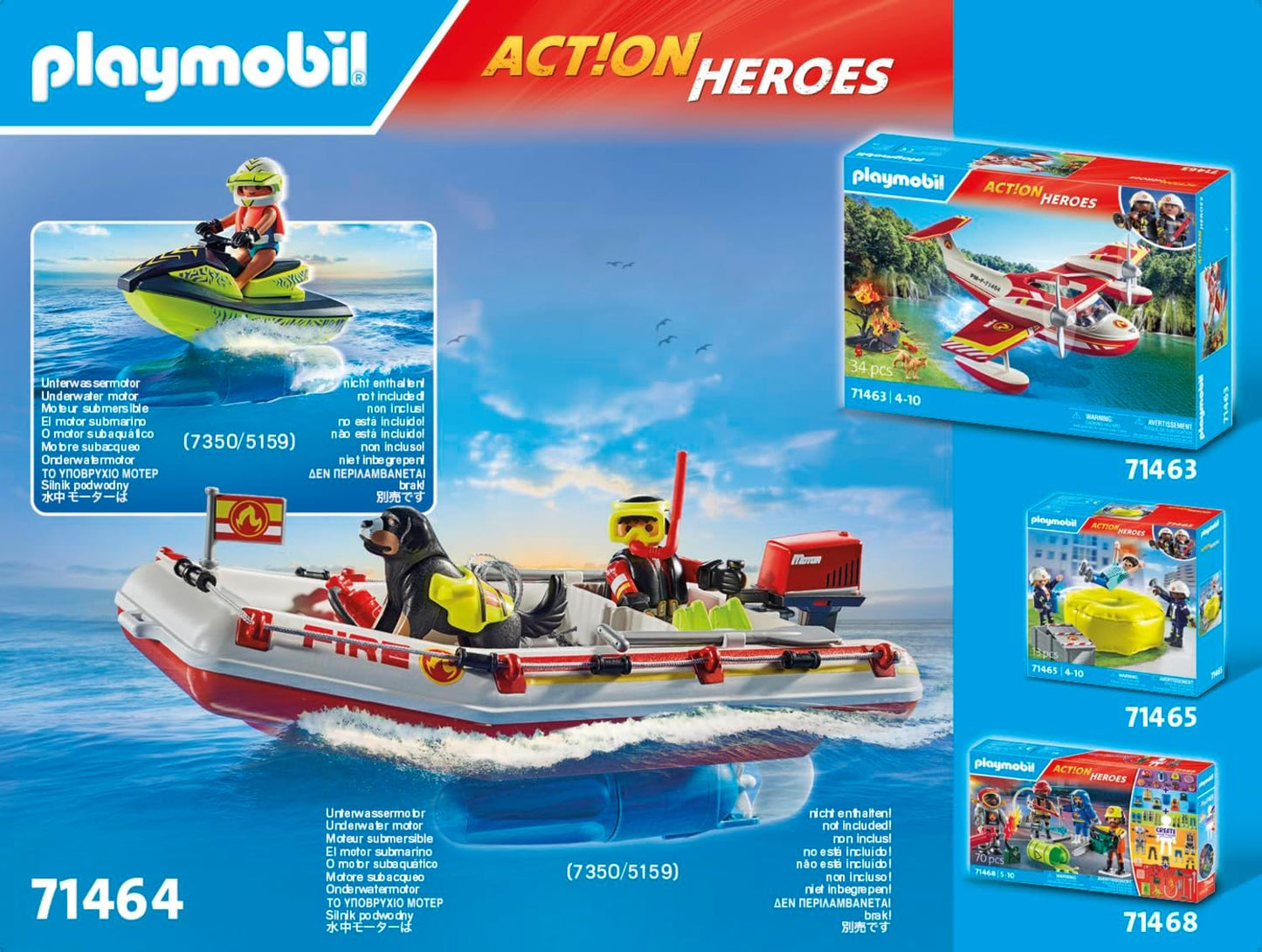 Playmobil 71464 Action Heroes: Fireboat com Aqua Scooter, emocionante resgate na água, incluindo óculos de mergulho e nadadeiras, dramatização divertida e imaginativa, conjuntos de jogos realistas adequados para crianças de 4 anos ou mais