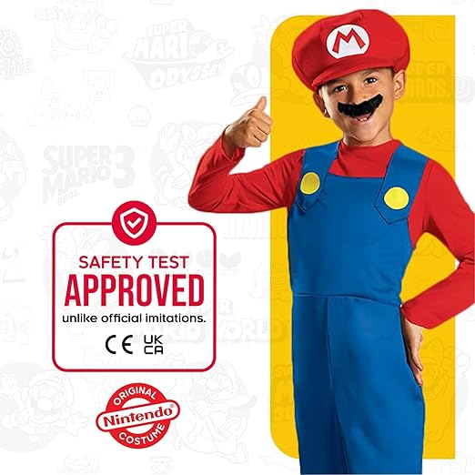 DISGUISE Disfraz oficial clásico de Nintendo Super Mario para niños, incluye sombrero de Mario, disfraz de Mario, disfraces para niños, Halloween, cumpleaños, Día Mundial del Libro para niños