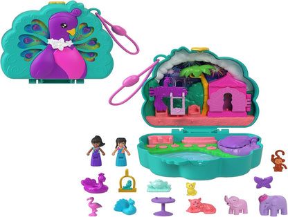 Polly Pocket Dolls e Playset, Peacock Garden Compact, brinquedo de viagem com 2 micro bonecas e animais de estimação, acessórios para animais