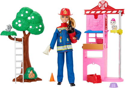 Barbie  Boneca de bombeiro e conjunto de brinquedos com estação de bombeiros e árvore, 2 animais de estimação, mudança de cor e mais de 10 acessórios, incluindo extintor de incêndio, brinquedo de esguicho, HRG55