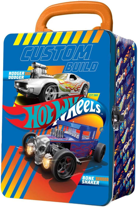 Hot Wheels Cars Estuche de metal para transporte de autos I Almacenamiento y organizador de autos de juguete 18 I Regalo para coleccionistas y niños de 3 años en adelante I Diseño de tapa azul 3D HW I (autos no incluidos)