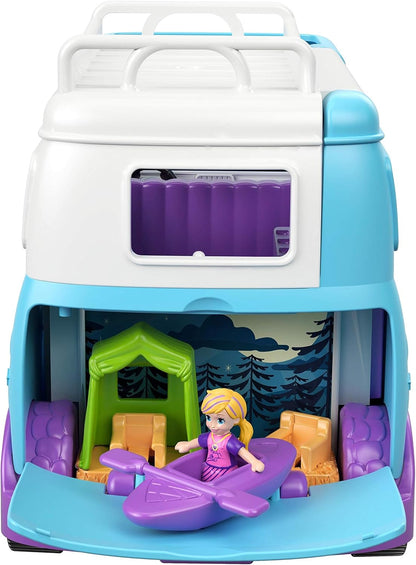 Polly Pocket Van Glamping com tema de acampamento em escala dupla, duas bonecas e acessórios