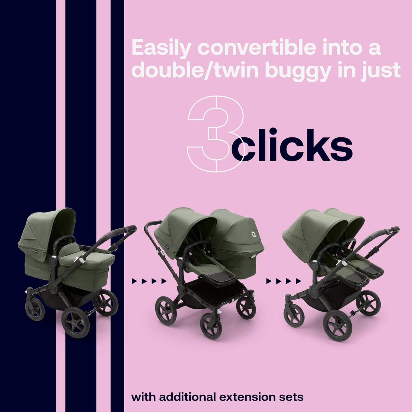 Bugaboo Donkey 5 Mono, conversível em carrinho duplo lado a lado, design aprimorado, assento reversível, direção com uma mão e cesta lateral, preto/verde floresta