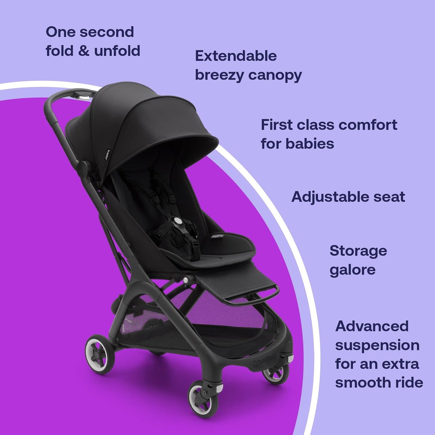 Bugaboo Butterfly, pequeno e leve, fácil de dobrar em 1 segundo, carrinho urbano ergonômico e extra espaçoso de bebê a criança, direção confortável, preto/preto meia-noite