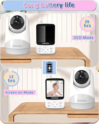 HelloBaby Monitor de bebê, bateria com duração de 29 horas, monitor de bebê com câmera e visão noturna, sem Wi-Fi, câmera remota Pan Tilt de 355 °/120 ° Zoom 2x, modo ECO, exibição de tempo, conversa bidirecional, até 1000 pés, temperatura