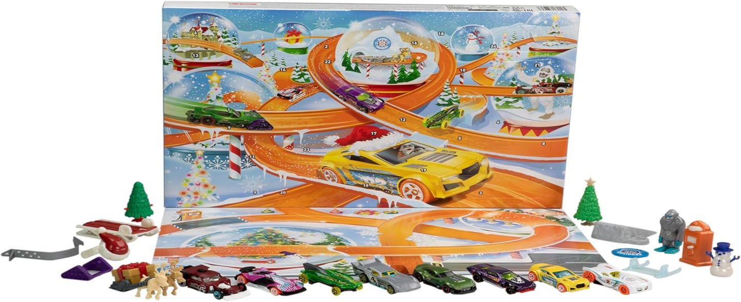 Hot Wheels Carrinhos de brinquedo, calendário do advento de 2024, 8 carrinhos Hot Wheels em escala 1:64, 16 acessórios com tema de inverno atrás de 24 portas numeradas e um tapete de brincar, HTG00